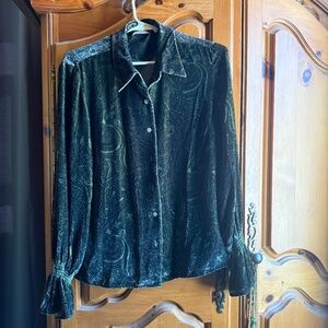 Kate Hill Dark Green Velvet Paisley Print Button Up Shirt Sz 8P